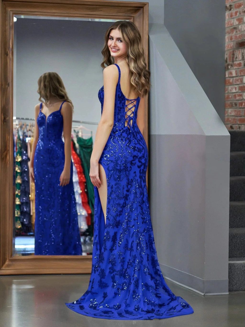 Sparkly Blue Sheath Sequins Long Prom Dress with Slit by KissProm
