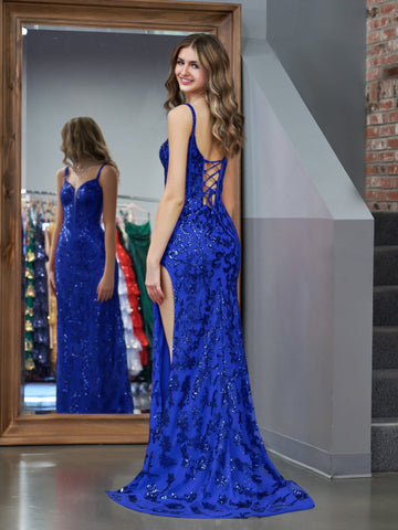 Vestido de fiesta largo con lentejuelas y abertura en azul brillante