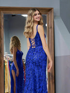 Sparkly Blue Sheath Sequins Long Prom Dress with Slit by KissProm