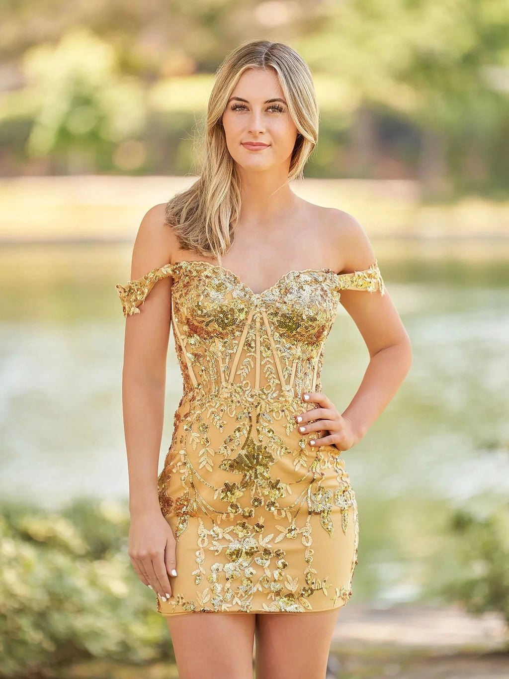 Short Off the Shoulder Sheath Gold Corset Homecoming Dresses