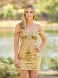 Short Off the Shoulder Sheath Gold Corset Homecoming Dresses