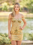 Short Off the Shoulder Sheath Gold Corset Homecoming Dresses