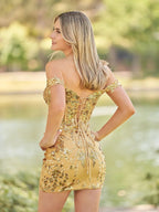 Short Off the Shoulder Sheath Gold Corset Homecoming Dresses