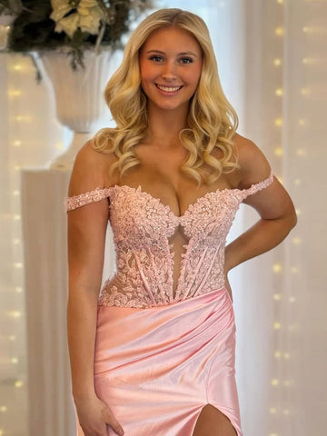 Eseld | Mermaid Sweetheart Pink Satin Long Prom Dresses With Split