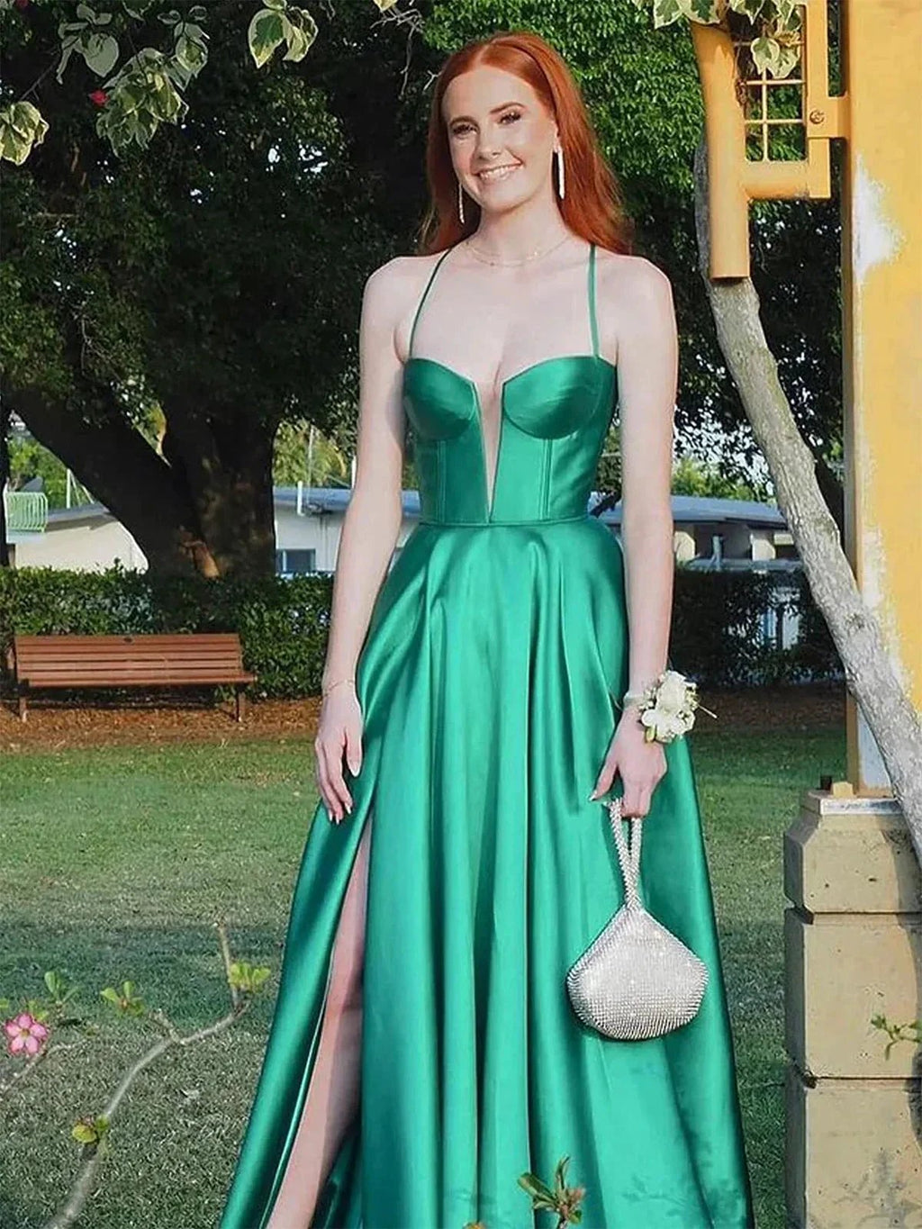 Etherea | A Line Sweetheart Green Satin Long Prom Dresses with Slit by KissProm