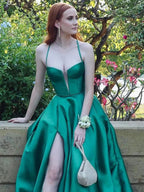 Etherea | A Line Sweetheart Green Satin Long Prom Dresses with Slit by KissProm