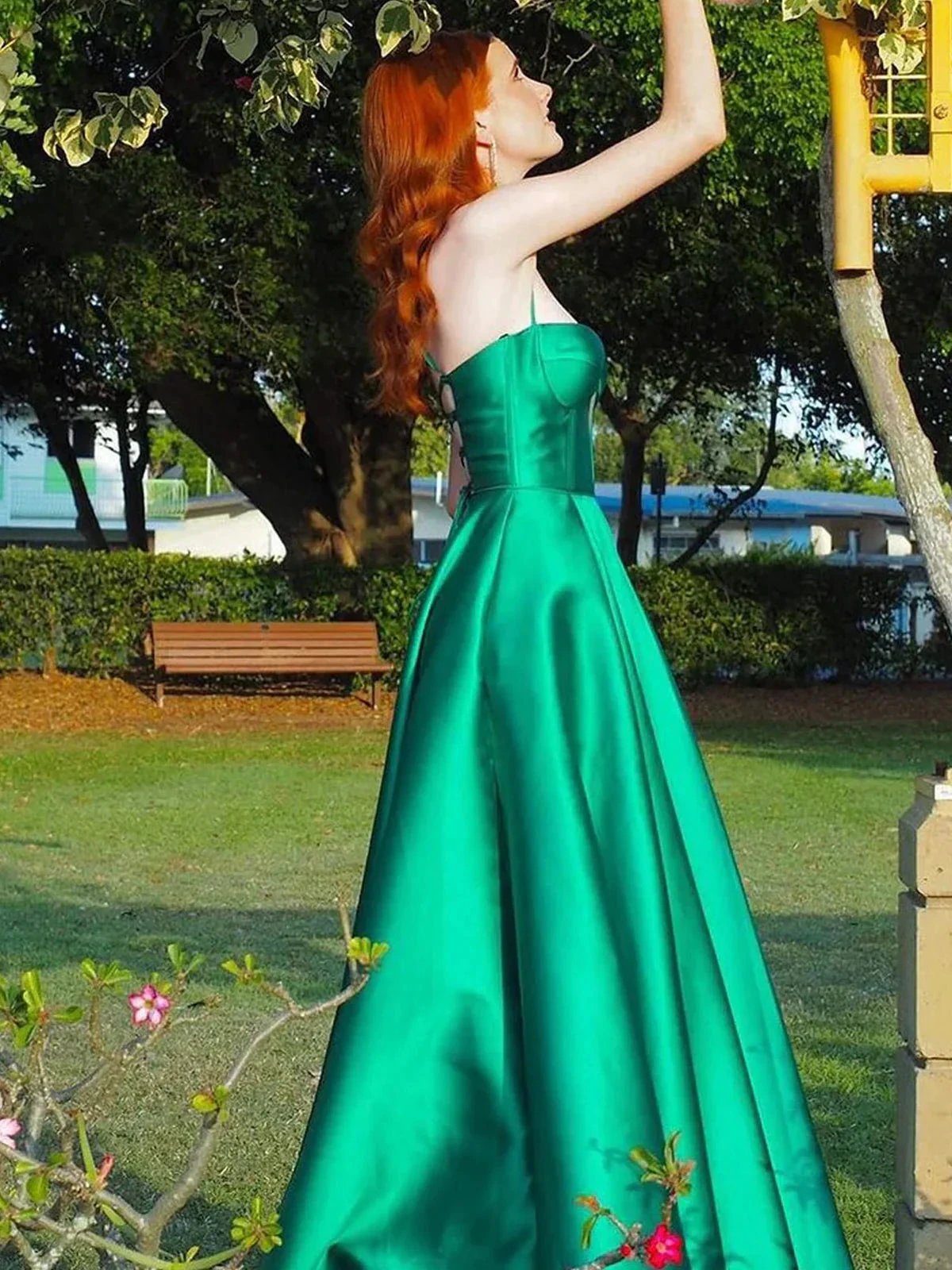 Etherea | A Line Sweetheart Green Satin Long Prom Dresses with Slit by KissProm