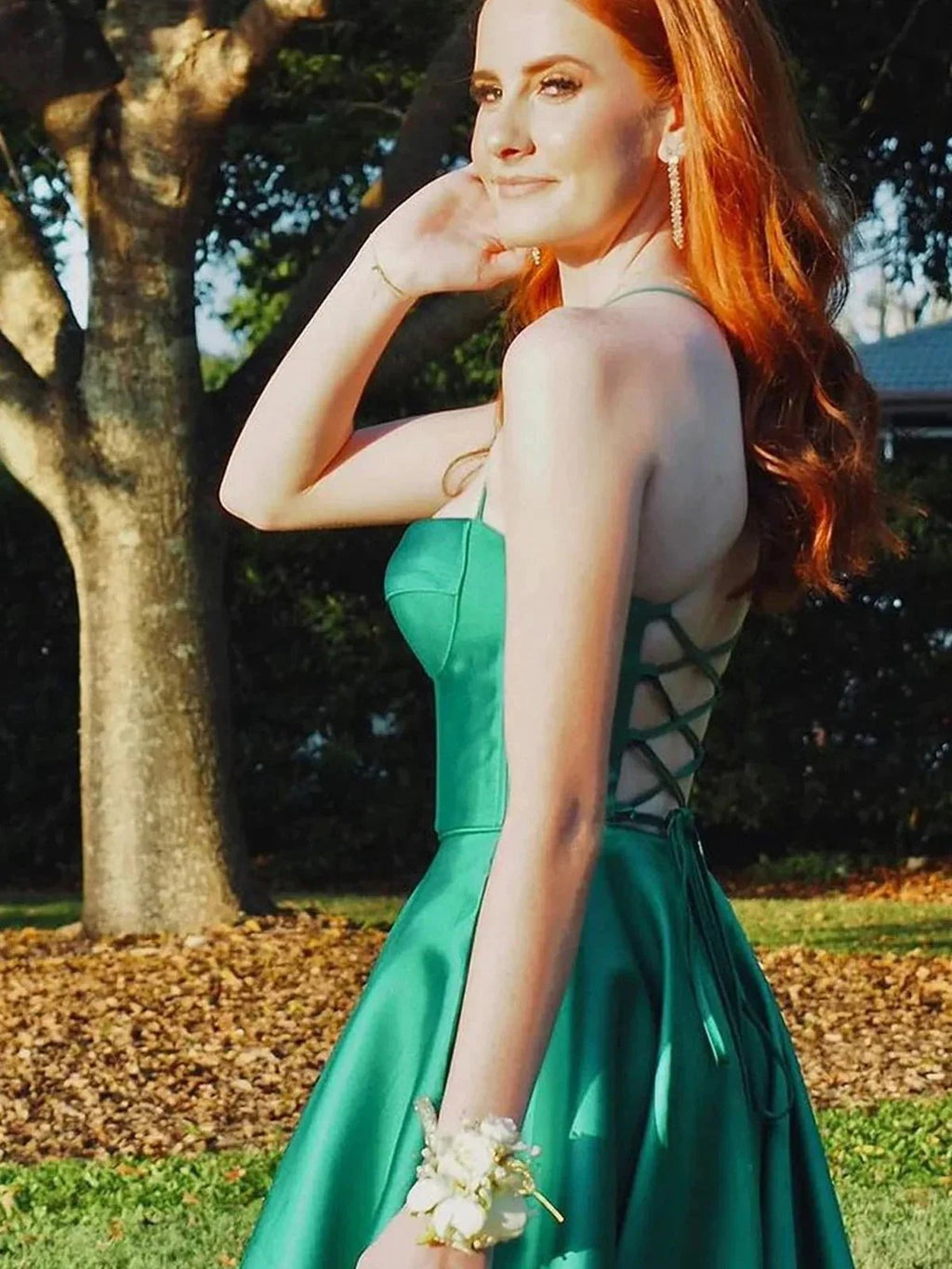 Etherea | A Line Sweetheart Green Satin Long Prom Dresses with Slit by KissProm