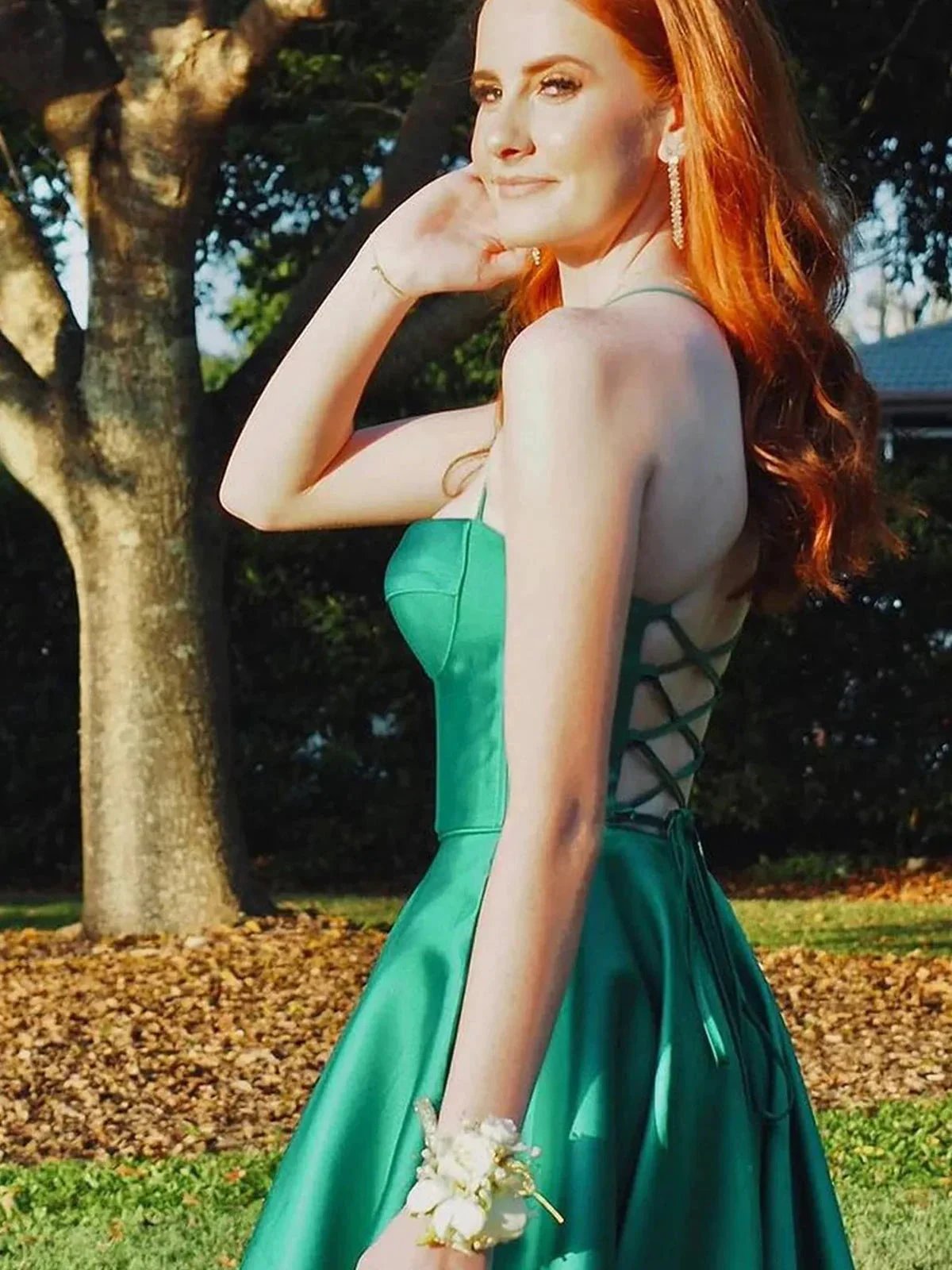 Etherea | A Line Sweetheart Green Satin Long Prom Dresses with Slit by KissProm