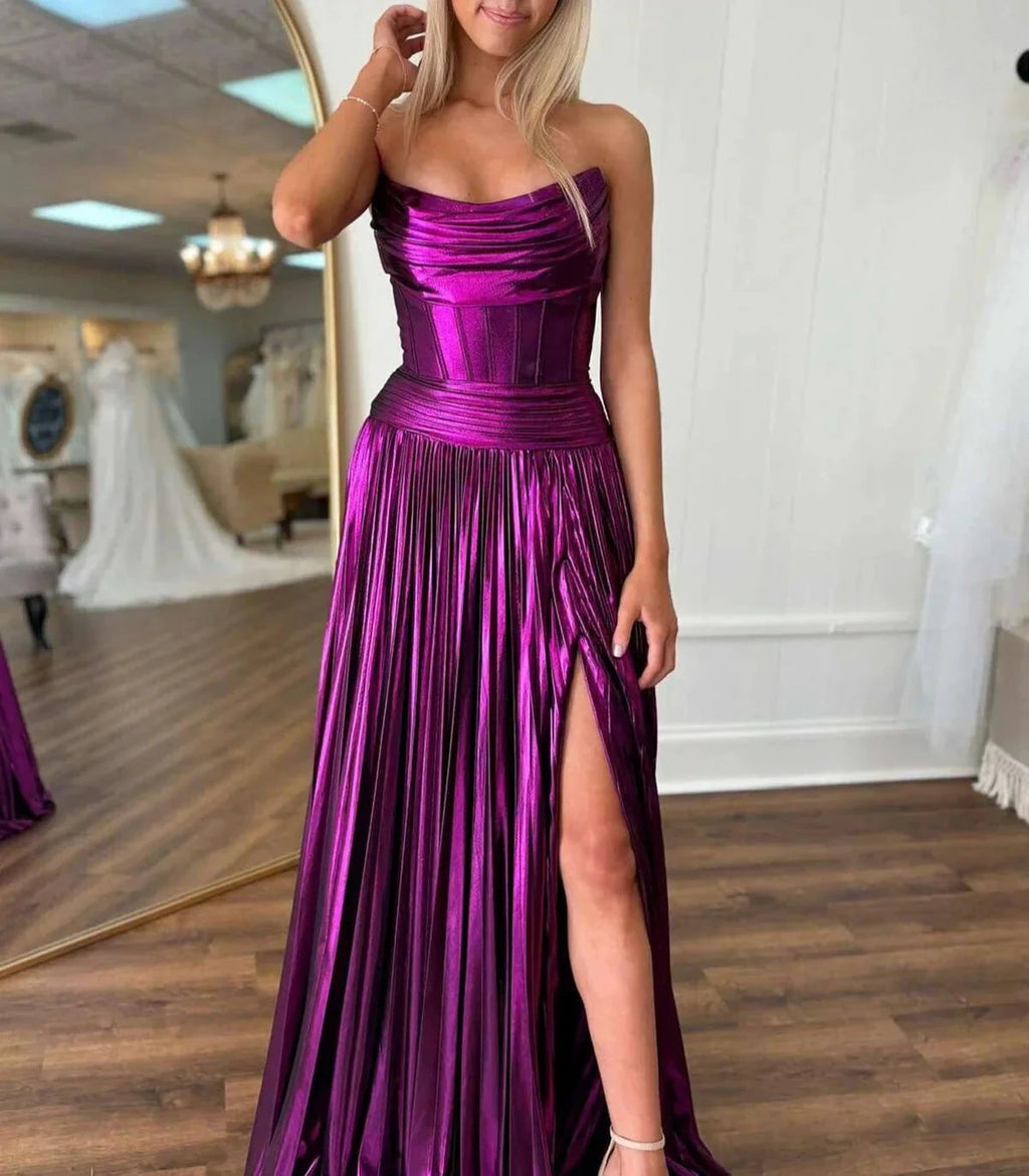 Eunice | A Line Strapless Purple Pleated Metallic Long Prom Dress with Slit by KissProm