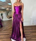 Eunice | A Line Strapless Purple Pleated Metallic Long Prom Dress with Slit by KissProm