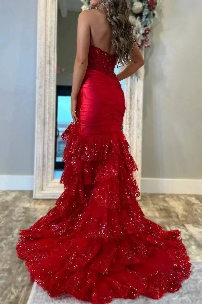 Evaluna | Red Strapless V-Neck Mermaid Pleated Layered Long Prom Dress With Slit by KissProm