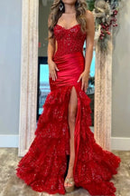 Evaluna | Red Strapless V-Neck Mermaid Pleated Layered Long Prom Dress With Slit by KissProm
