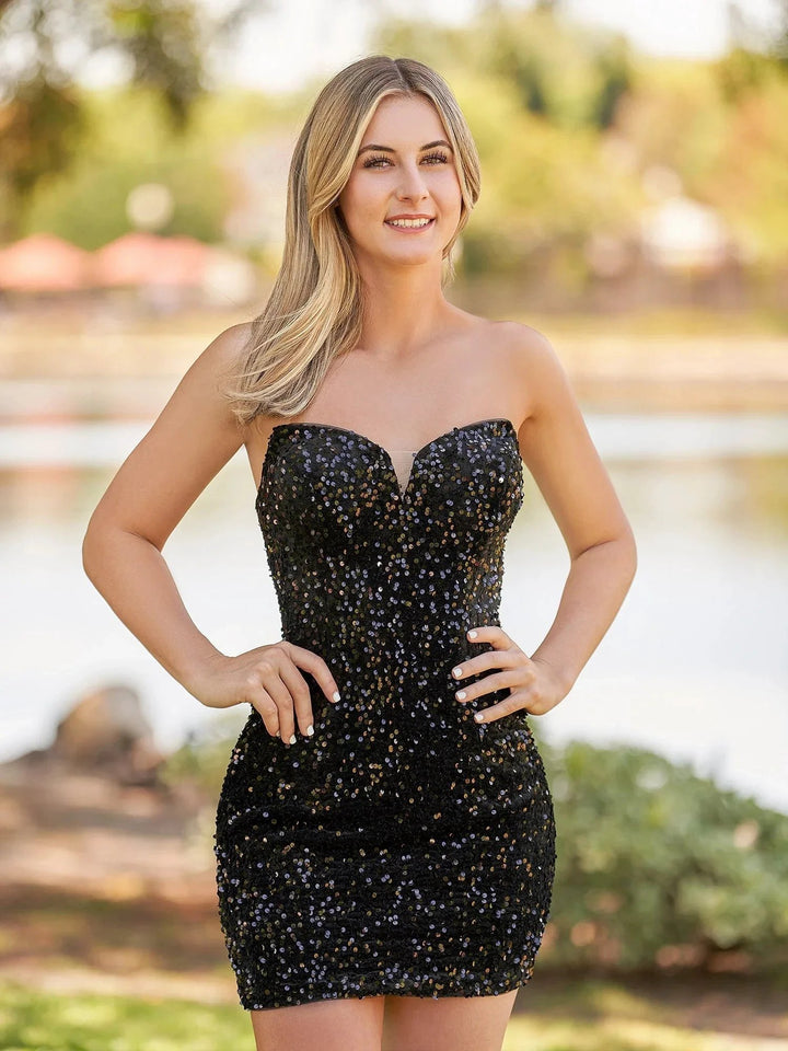 Sweetheart Black Sequin Short Homecoming Dresses by Kissprom