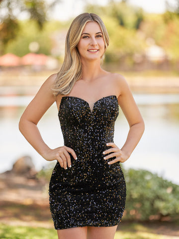 Sweetheart Black Sequin Short Homecoming Dresses