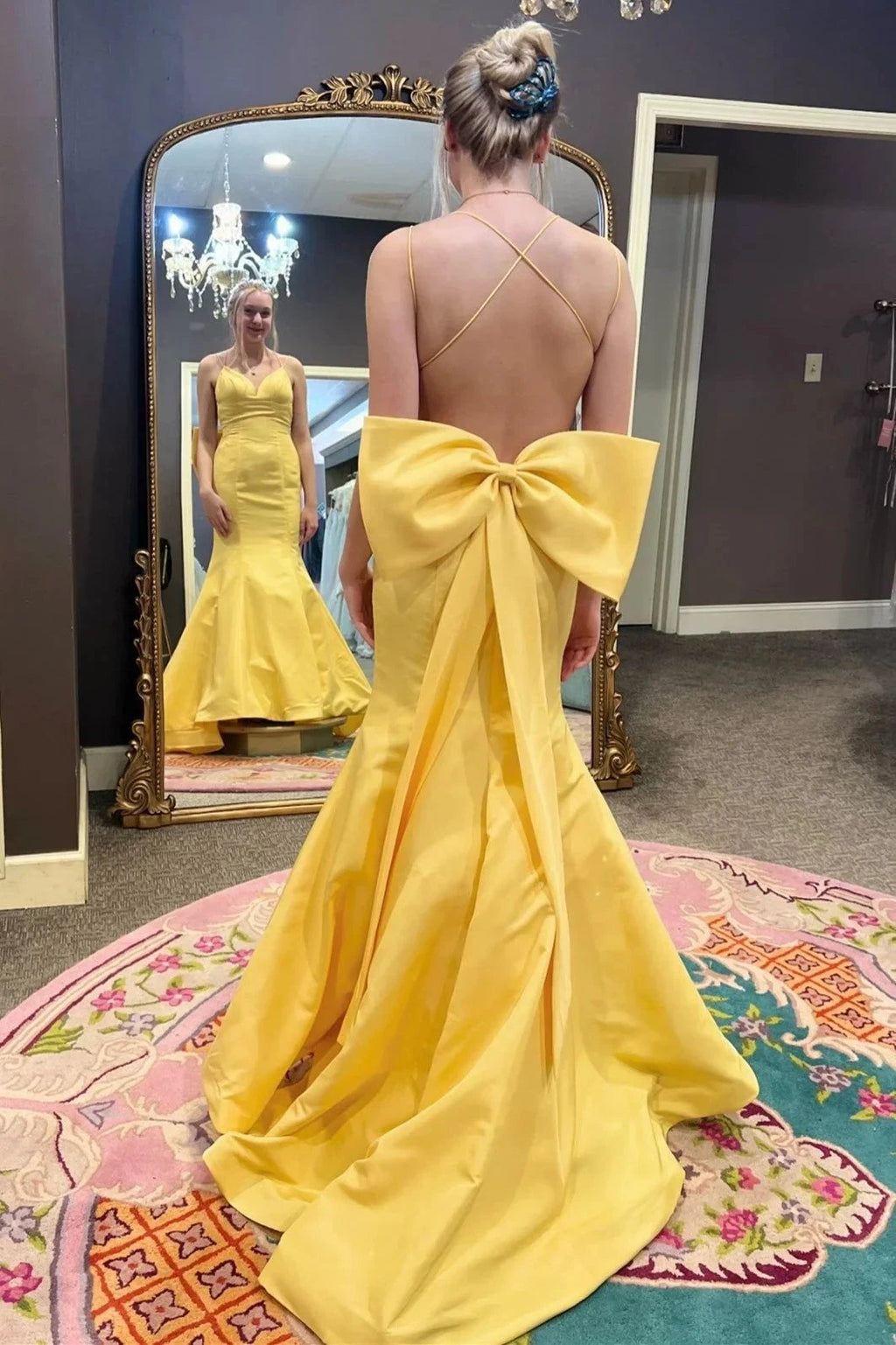 Evynn | Hot Pink V-Neck Bow-Back Trumpet Long Gown by KissProm