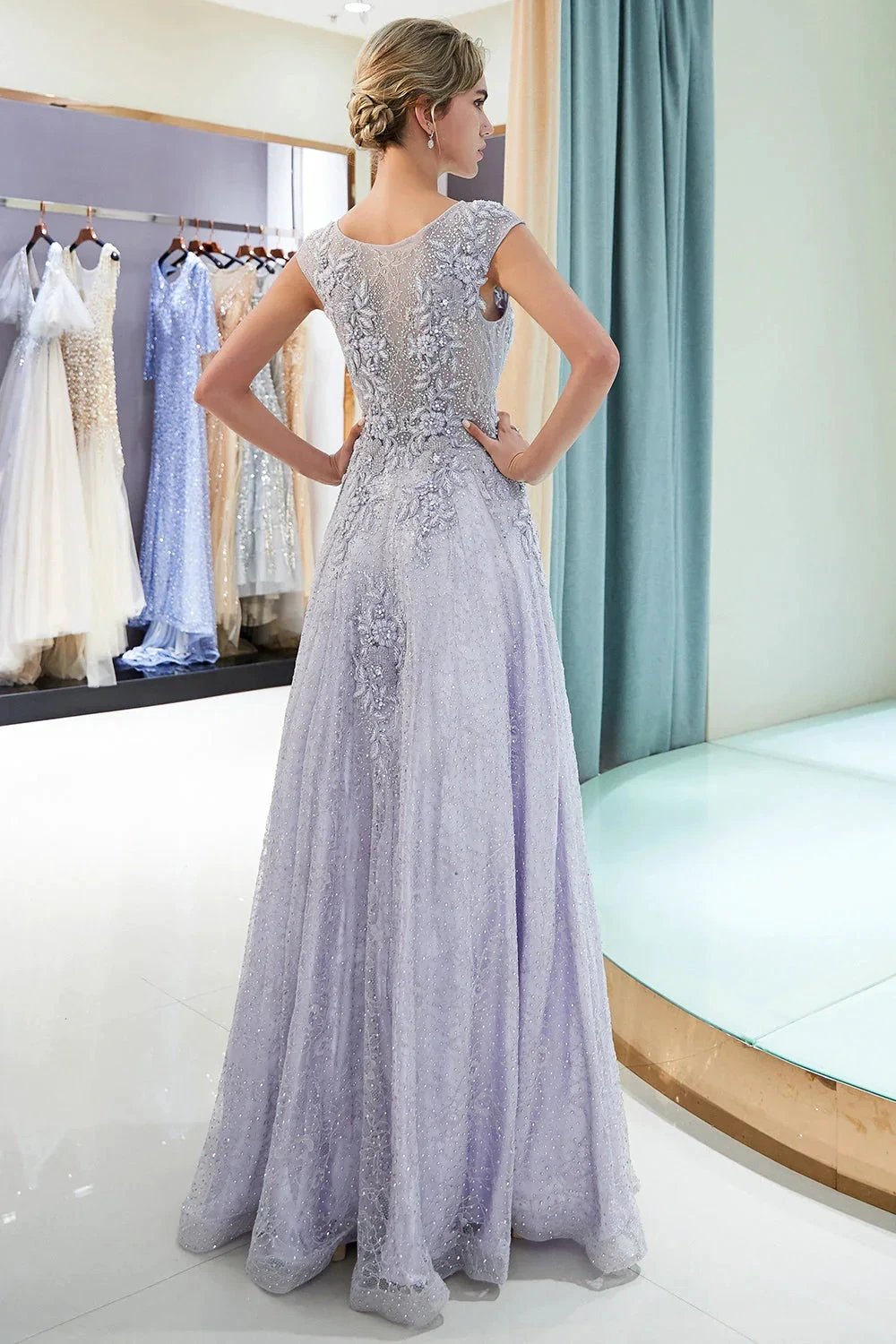 Excellent Long A-line Jewel Tulle Lace Evening Dress by BIZTUNNEL