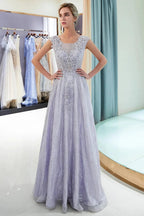Excellent Long A-line Jewel Tulle Lace Evening Dress by BIZTUNNEL