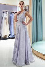 Excellent Long A-line Jewel Tulle Lace Evening Dress by BIZTUNNEL