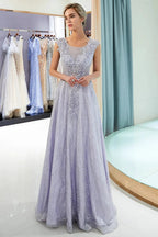 Excellent Long A-line Jewel Tulle Lace Evening Dress by BIZTUNNEL