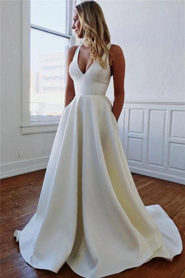 Excellent Long A-line Straps Bow Backless Wedding Dresses with Pockets by BIZTUNNEL