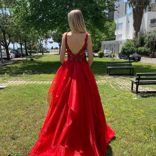 Excellent Long A-line V-neck Organza Backless Red Prom Dress Main Image