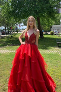 Excellent Long A-line V-neck Organza Backless Red Prom Dress by BIZTUNNEL