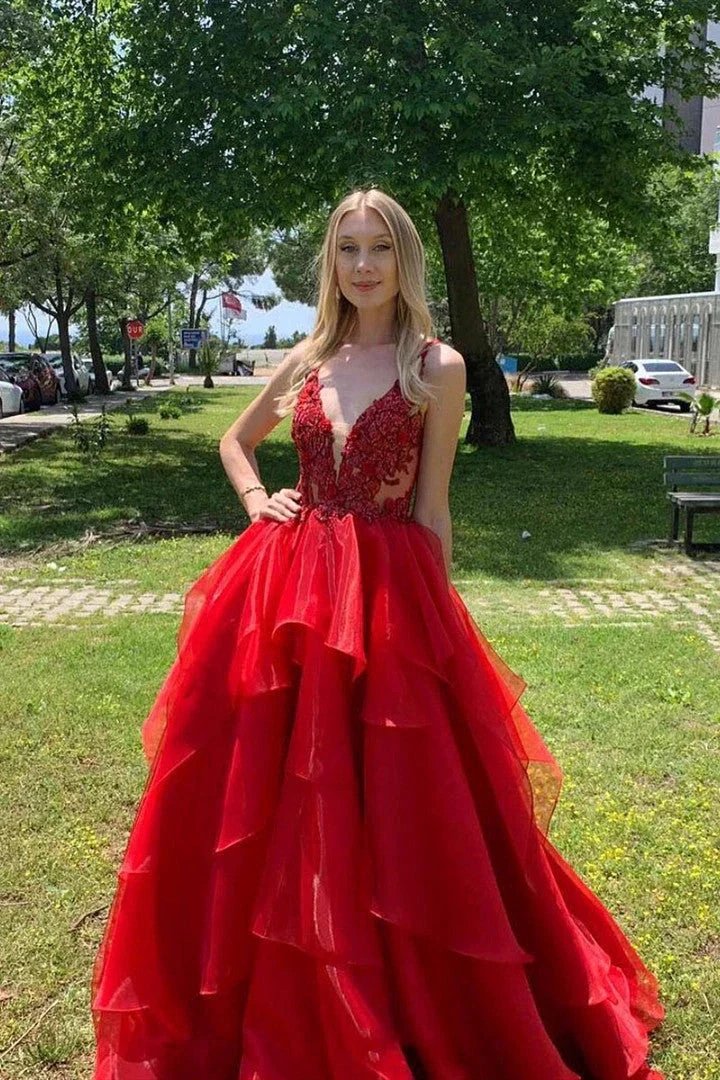 Excellent Long A-line V-neck Organza Backless Red Prom Dress by BIZTUNNEL