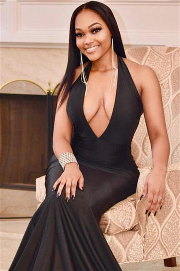 Excelente vestido de fiesta negro largo estilo sirena con cuello halter y espalda abierta Main Image