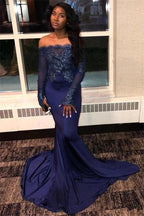 Excellent Long Mermaid Off-the-shoulder Appliques Lace Prom Dress with Sleeves by BIZTUNNEL