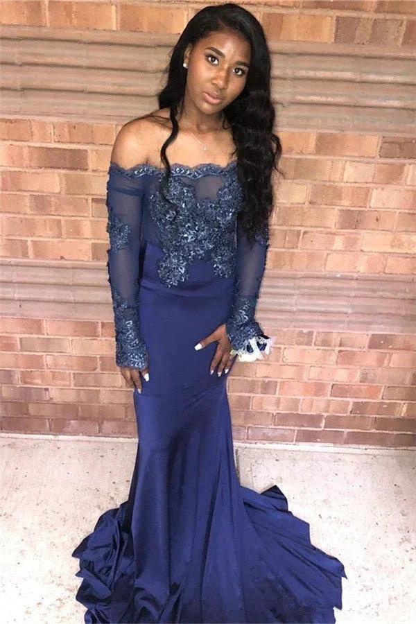Excellent Long Mermaid Off-the-shoulder Appliques Lace Prom Dress with Sleeves by BIZTUNNEL