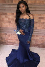 Excellent Long Mermaid Off-the-shoulder Appliques Lace Prom Dress with Sleeves by BIZTUNNEL