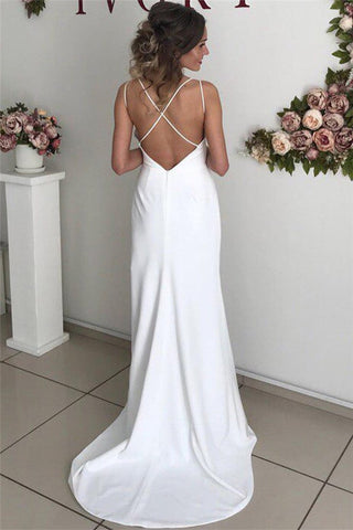 Excellent Long Mermaid Satin White Backless Wedding Dress with Slit