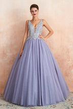 Excellent Long Princess V-neck Sleeveless Tulle Backless Prom Dress by BIZTUNNEL