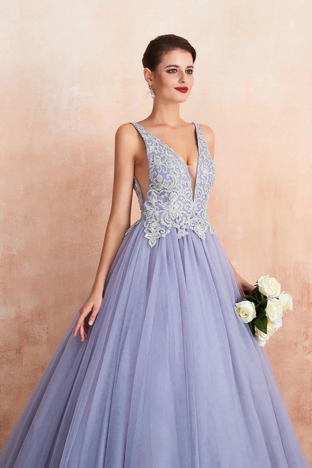 Excellent Long Princess V-neck Sleeveless Tulle Backless Prom Dress by BIZTUNNEL