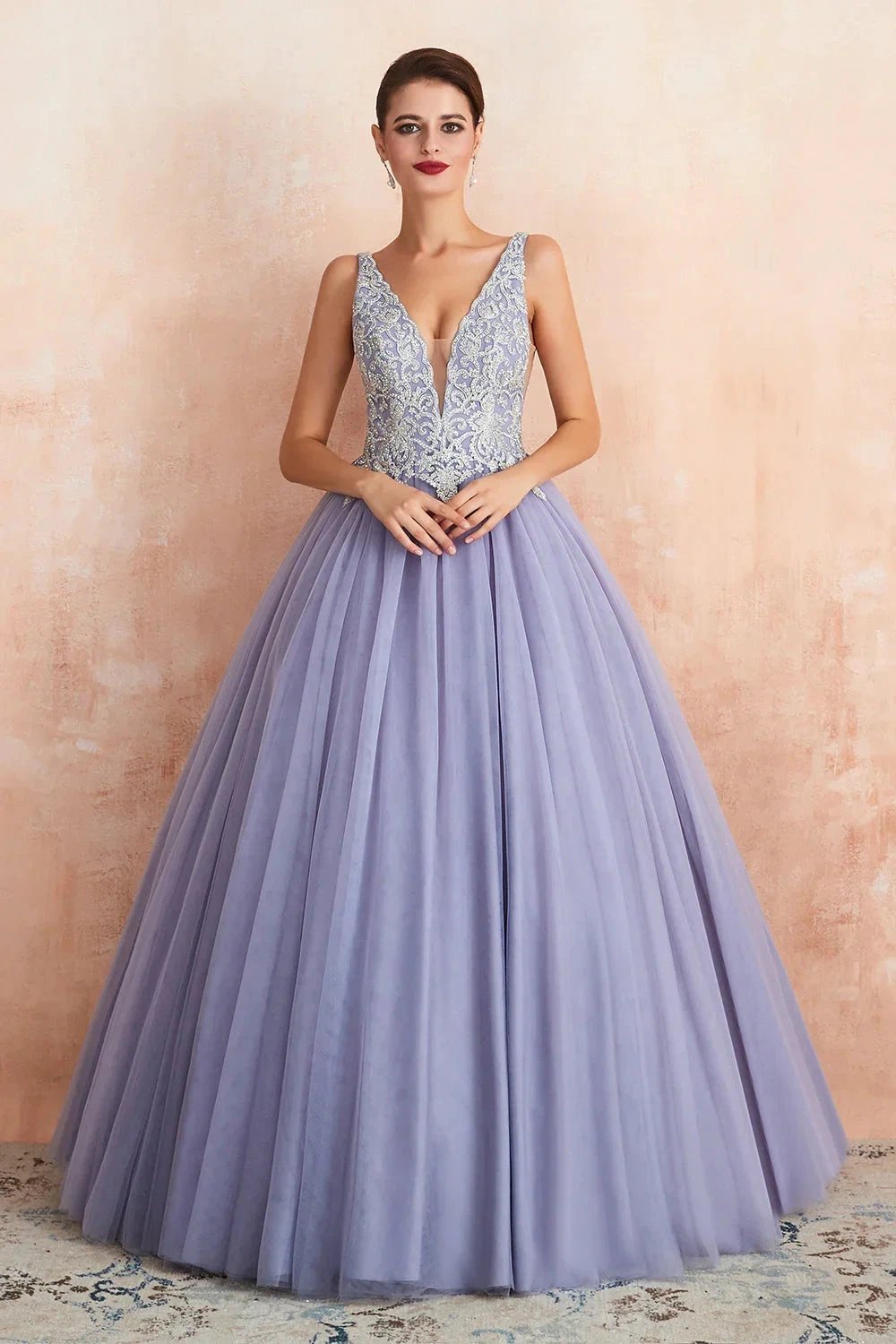 Excellent Long Princess V-neck Sleeveless Tulle Backless Prom Dress by BIZTUNNEL