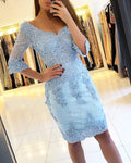 Blue Beading Long Sleeve Short Prom Dresses
