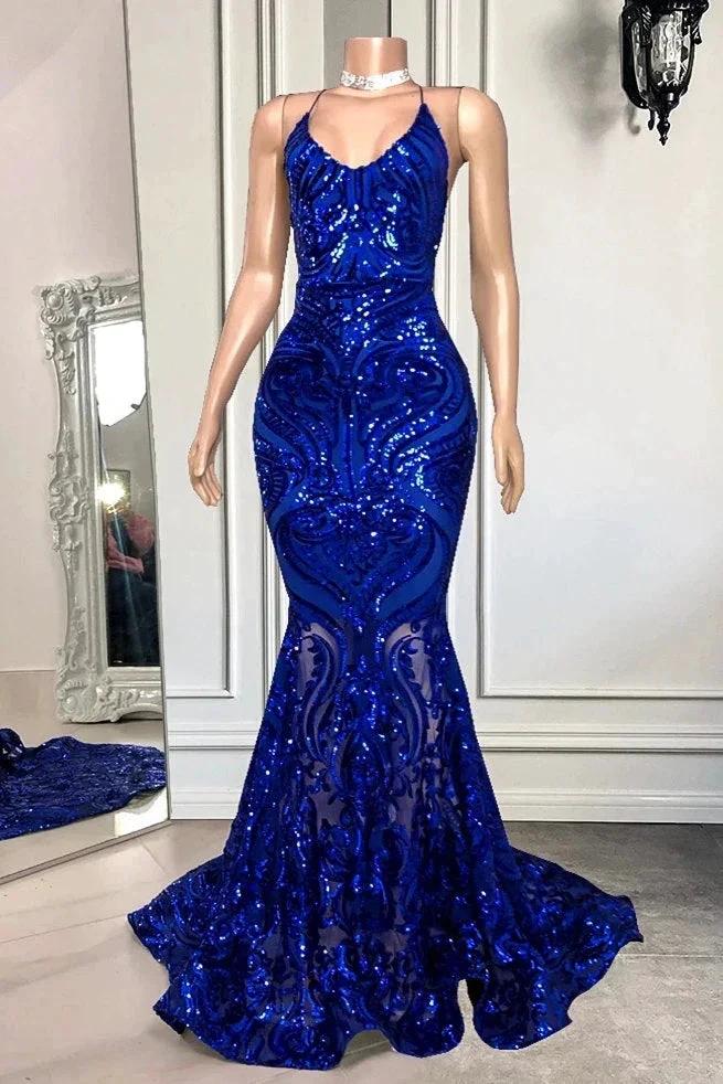 Exquisite Blue Sequins Lace Sleeveless Floor-length Mermaid Prom Dresses by misshow.com