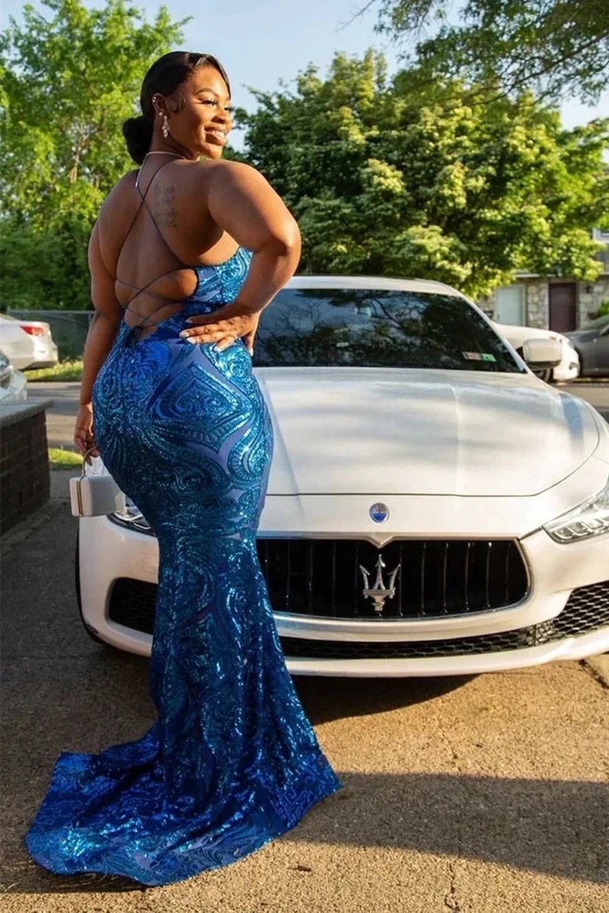 Exquisite Blue Sequins Lace Sleeveless Floor-length Mermaid Prom Dresses by misshow.com