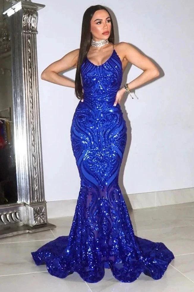 Exquisite Blue Sequins Lace Sleeveless Floor-length Mermaid Prom Dresses by misshow.com
