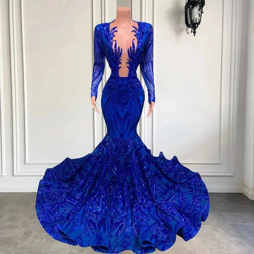 Exquisite Blue V-neck Sequins Long Sleeve Floor-length Mermaid Prom Dresses by misshow.com