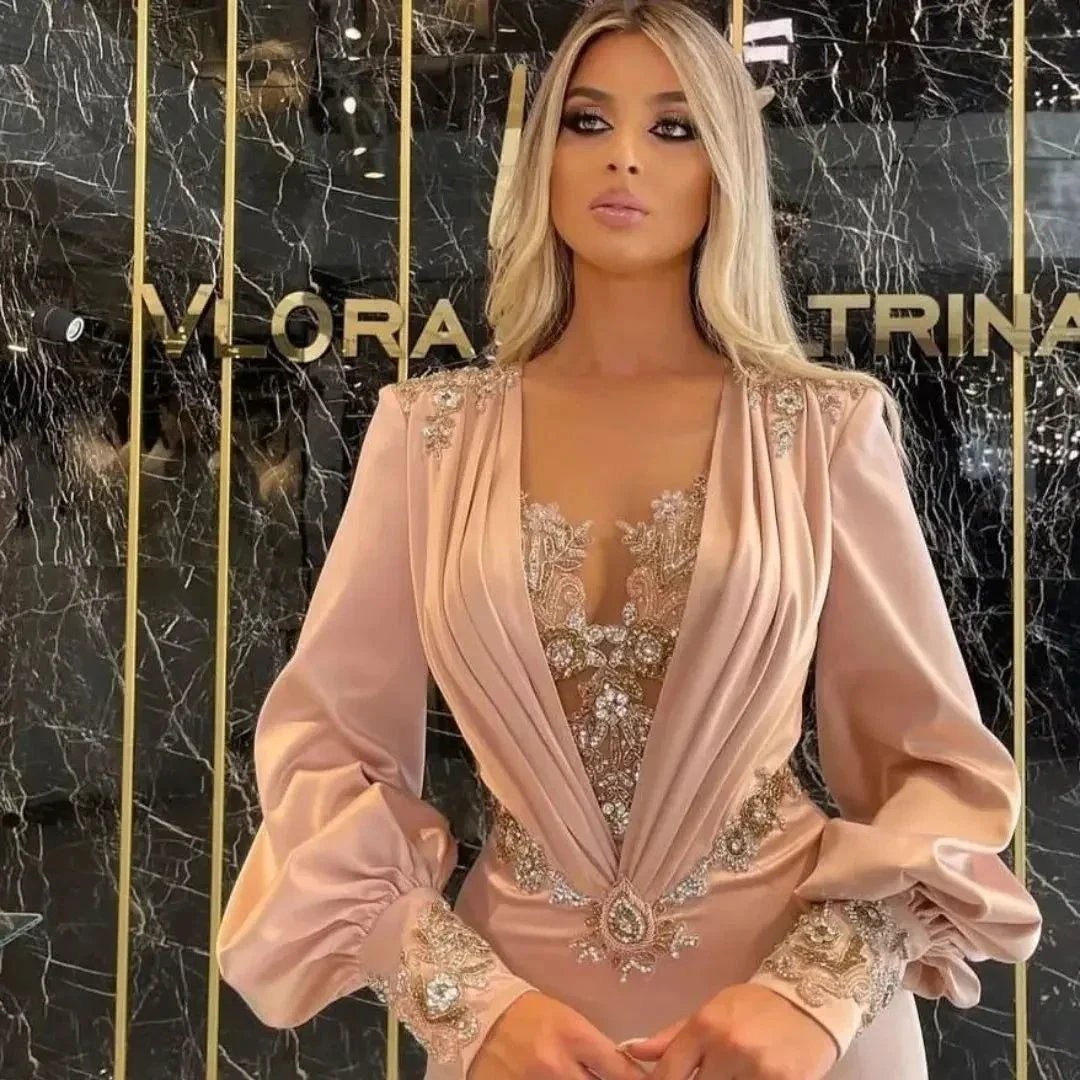 Exquisite Floor Length Long Sleeves Mermaid Satin Prom Dress with Appliques by misshow.com