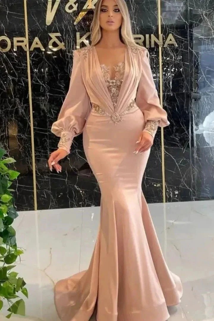 Exquisite Floor Length Long Sleeves Mermaid Satin Prom Dress with Appliques by misshow.com