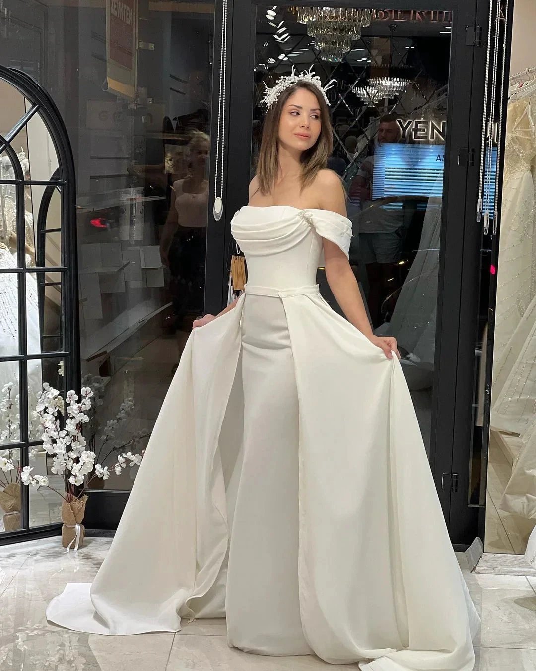 Exquisite Floor Length Off-The-Shoulder A-Line Satin Wedding Dress with Beads by misshow.com