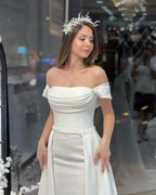 Exquisite Floor Length Off-The-Shoulder A-Line Satin Wedding Dress with Beads by misshow.com