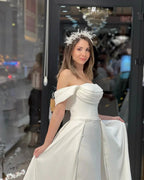 Exquisite Floor Length Off-The-Shoulder A-Line Satin Wedding Dress with Beads by misshow.com