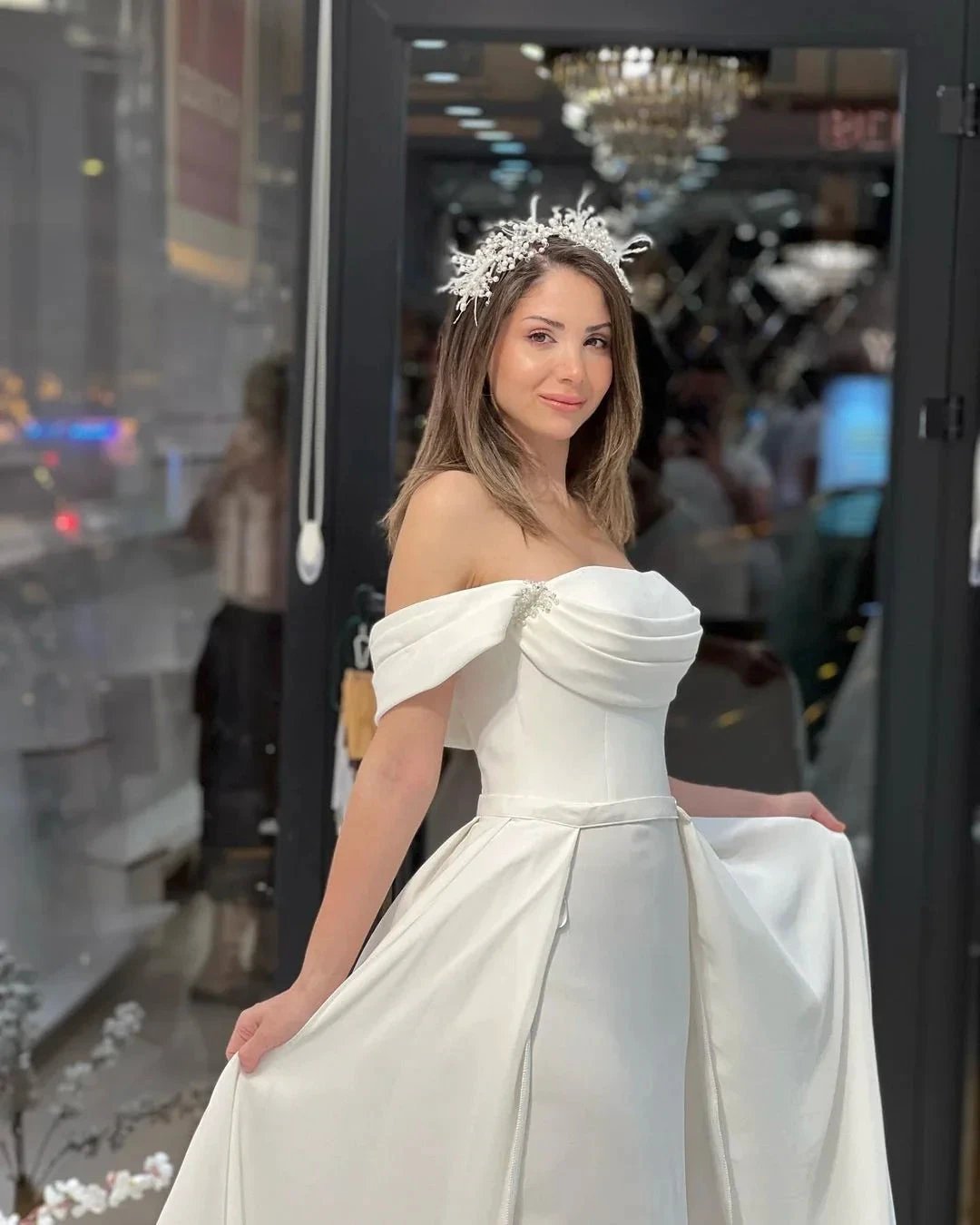 Exquisite Floor Length Off-The-Shoulder A-Line Satin Wedding Dress with Beads by misshow.com