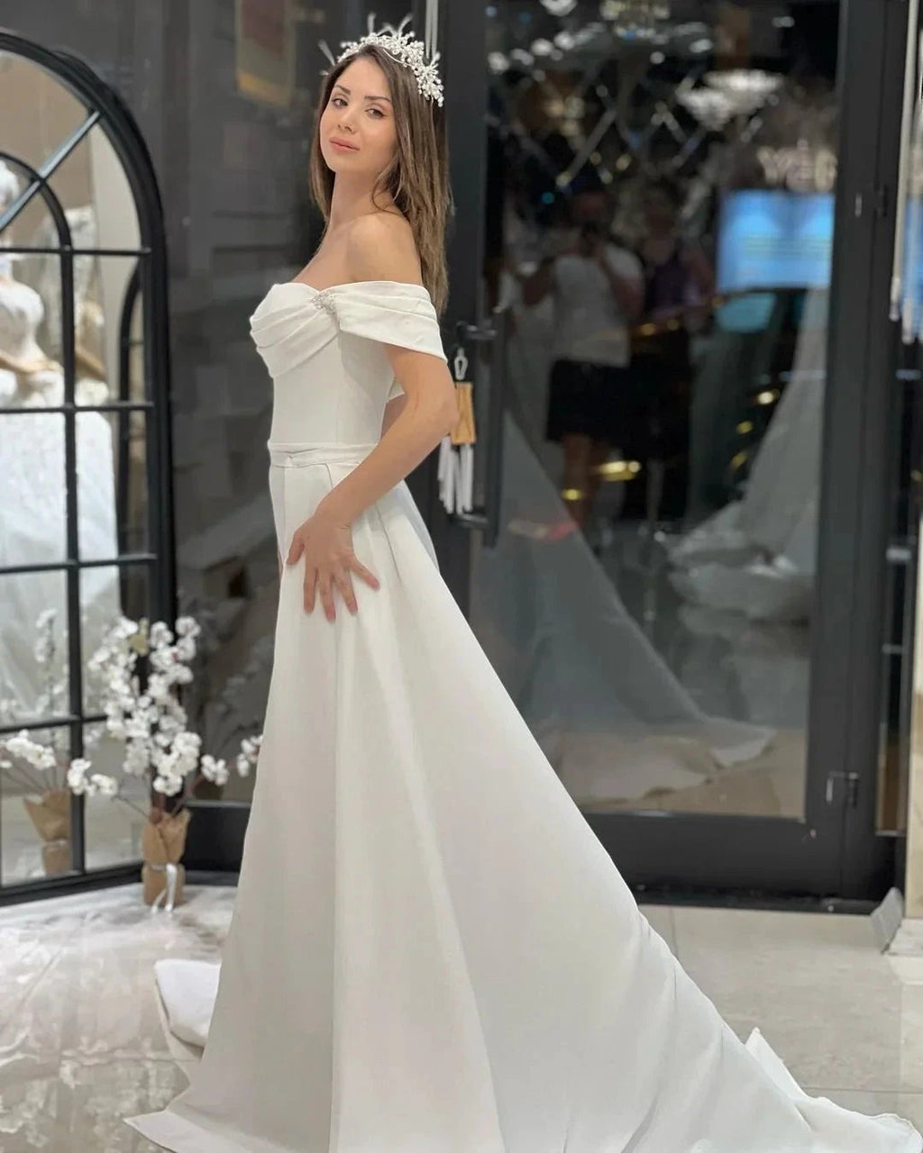 Exquisite Floor Length Off-The-Shoulder A-Line Satin Wedding Dress with Beads by misshow.com