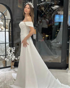 Exquisite Floor Length Off-The-Shoulder A-Line Satin Wedding Dress with Beads by misshow.com