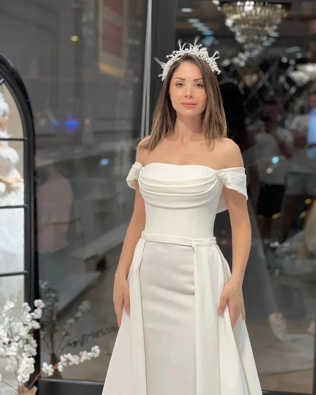Exquisite Floor Length Off-The-Shoulder A-Line Satin Wedding Dress with Beads by misshow.com